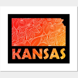 Colorful mandala art map of Kansas with text in red and orange Posters and Art